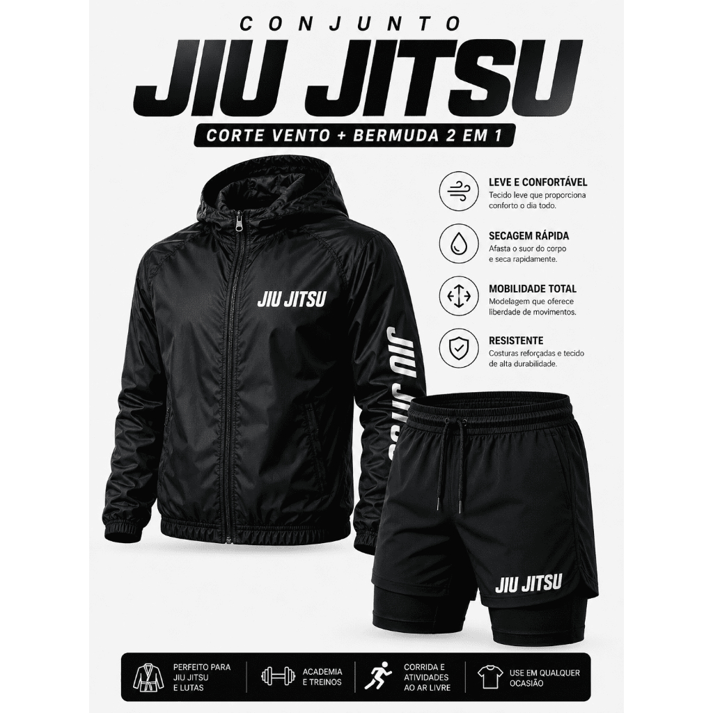 Conjunto Jiu Jitsu Corta Vento + Bermuda 2 em 1 Dry Fit Masculino Academia Corrida Treino Fitness Premium