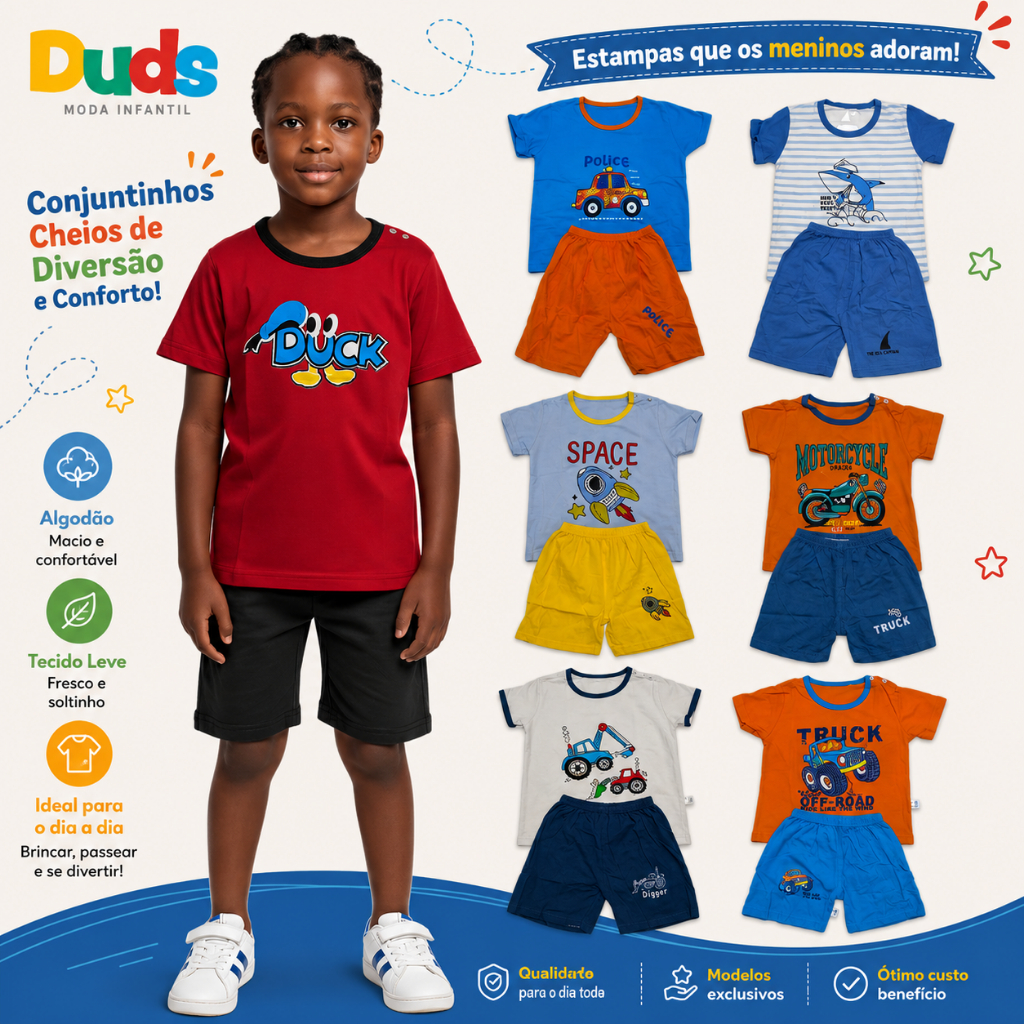 Roupa para Criança Menino Infantil Conjuntinho Verão Camiseta e Short Algodão Fresquinho