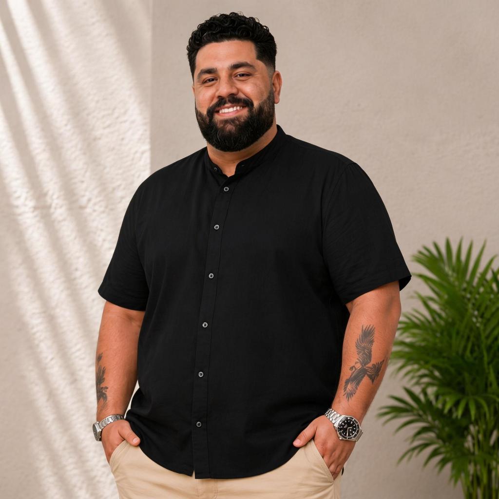 Camisa Social Plus Size Masculina Gola Padre Manga Curta Slim Fit Premium Linho
