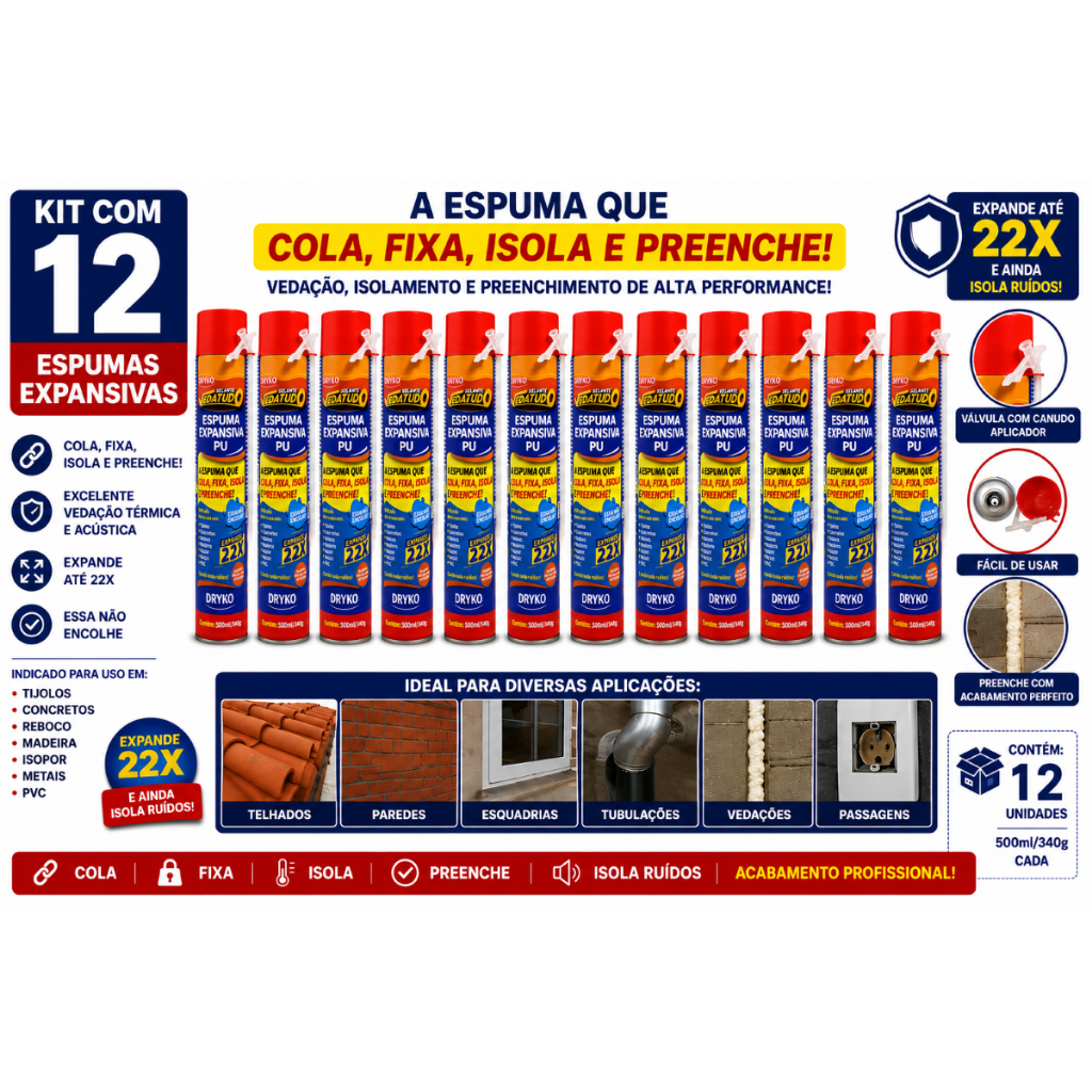 Kit 12 Espuma Expansiva Dryko 500ml Selante PU Uso Geral Madeira Portas Janelas Construção Vedação