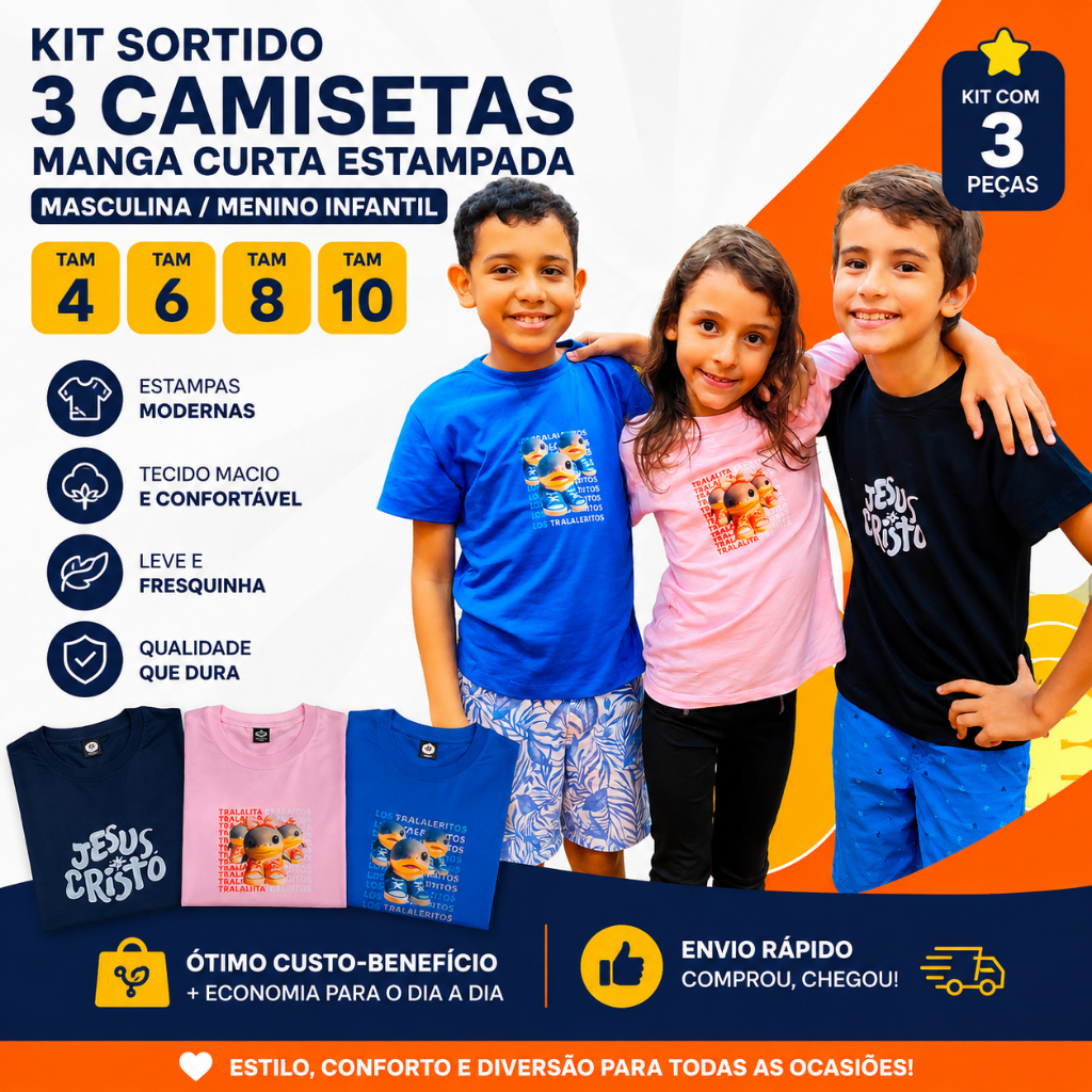 Kit Sortido 3 Camisetas Manga Curta Estampada Masculina/Menino Infantil TAM 4, 6, 8 e 10