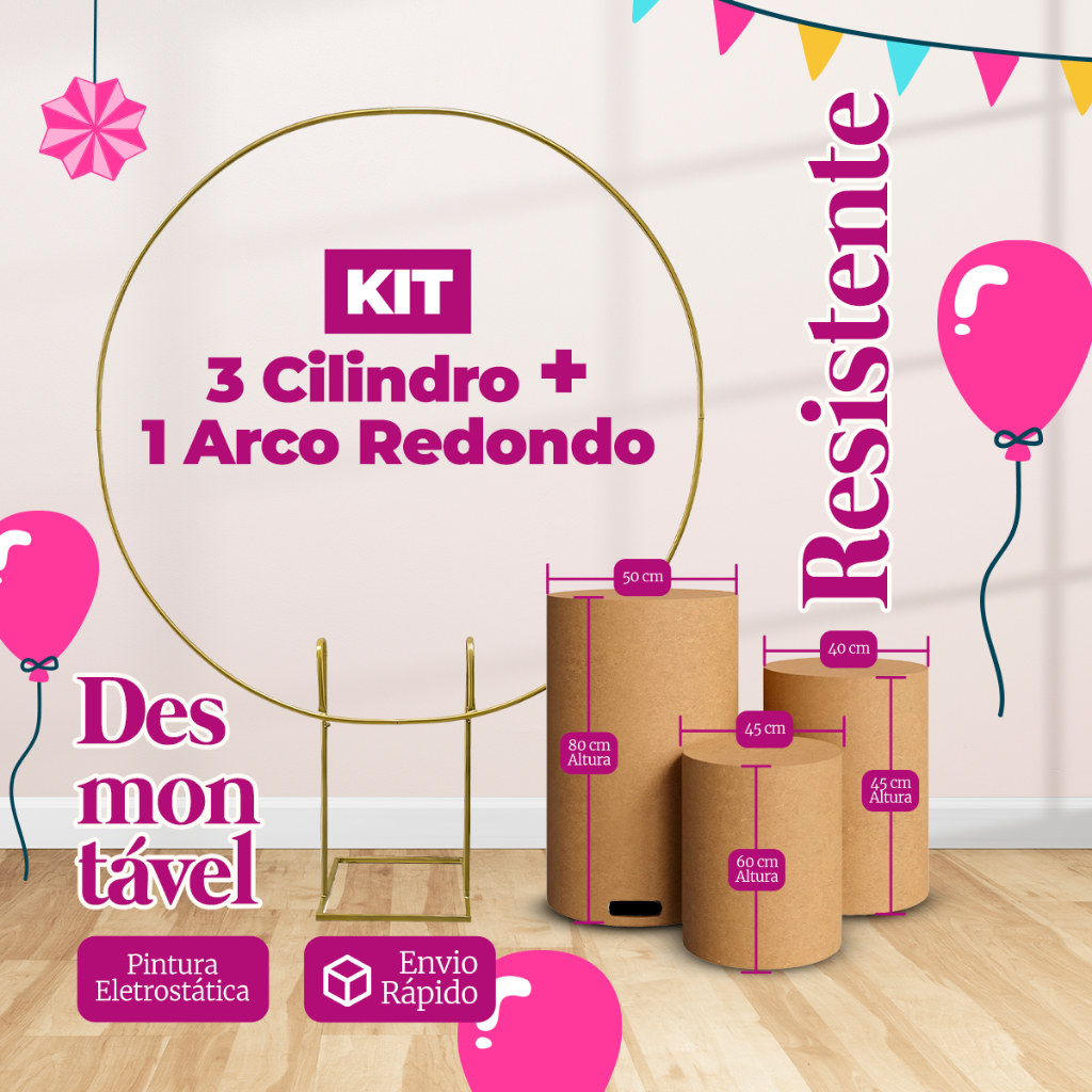 Kit 3 Cilindro mdf + Arco Redondo Ferro Desmontavel 1,50