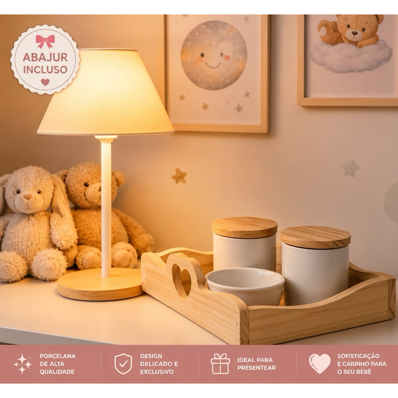 Kit Higiene Bebê com Abajur incluso Porcelana Pinus Coração