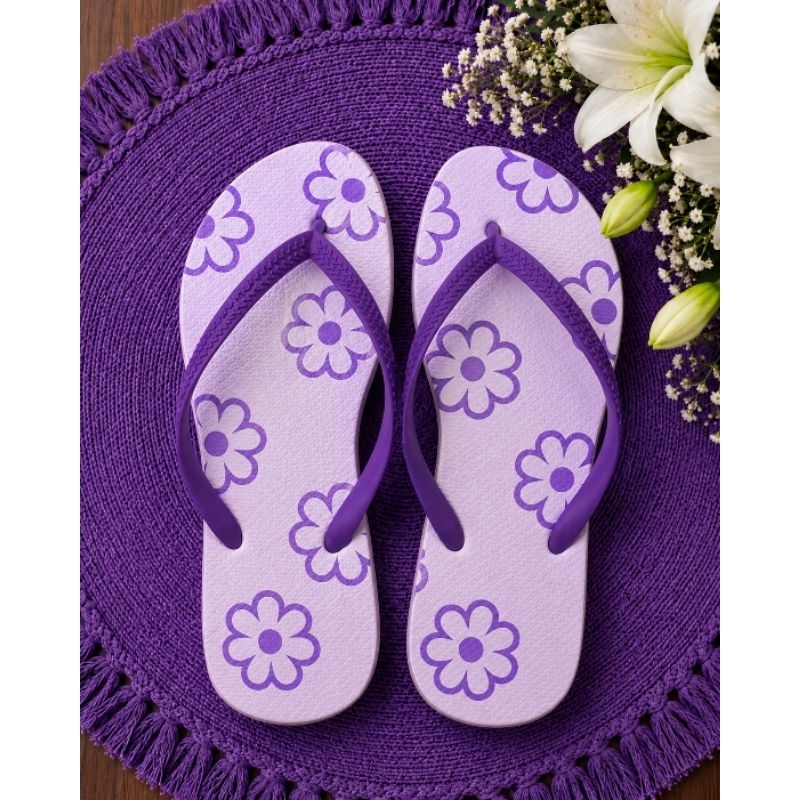 Sandália Feminina Estampada Lilás Floral Confortável Antiderrapante Casual Leve Praia Piscina Moda Verão rasteirinha