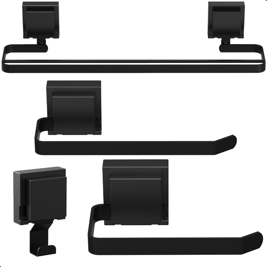 Kit Acessórios Banheiro Com Ventosa Preto 4 Peças Duplo Max