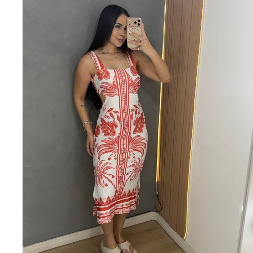 Vestido Feminino Midi Estampado com Amarração no Cropped Casual Elegante Moda Verão
