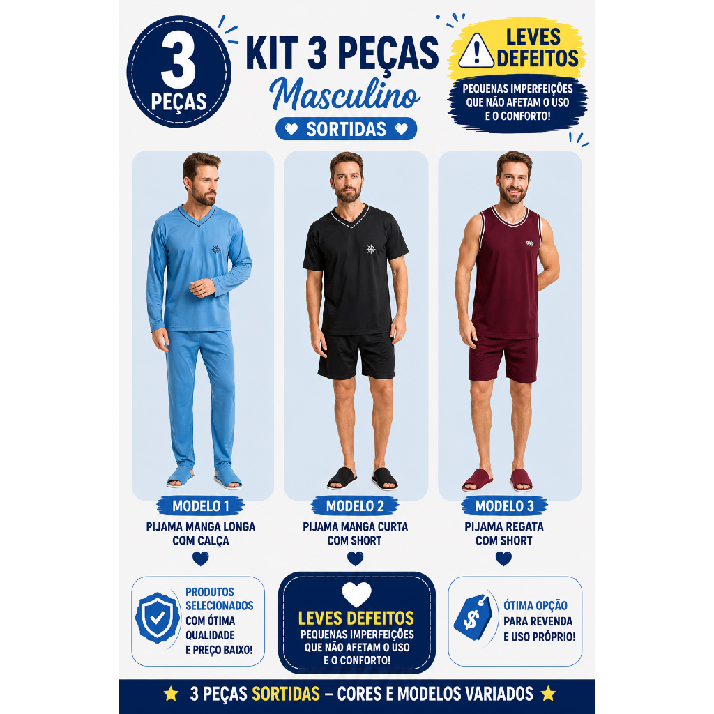 Kit 3 Pijamas masculino Leves defeitos Sortido adulto