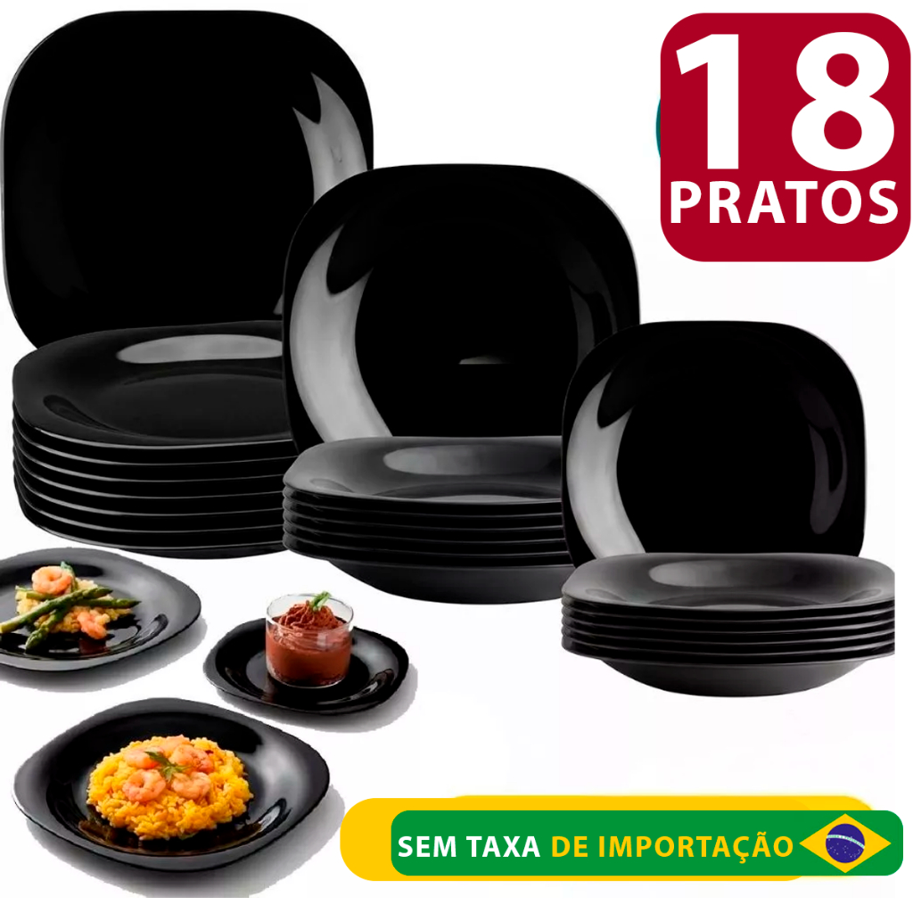 Kit Jogo de 18 Pratos Quadrados Pretos de Vidro Opaline Sendo 06 Pratos Raso 06 Fundo 06 Sobremesa
