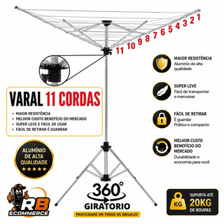 Varal Giratório de Chão 11 Cordas 360° 40m UV Portátil Alumínio Forte Resistente Bi-Partido