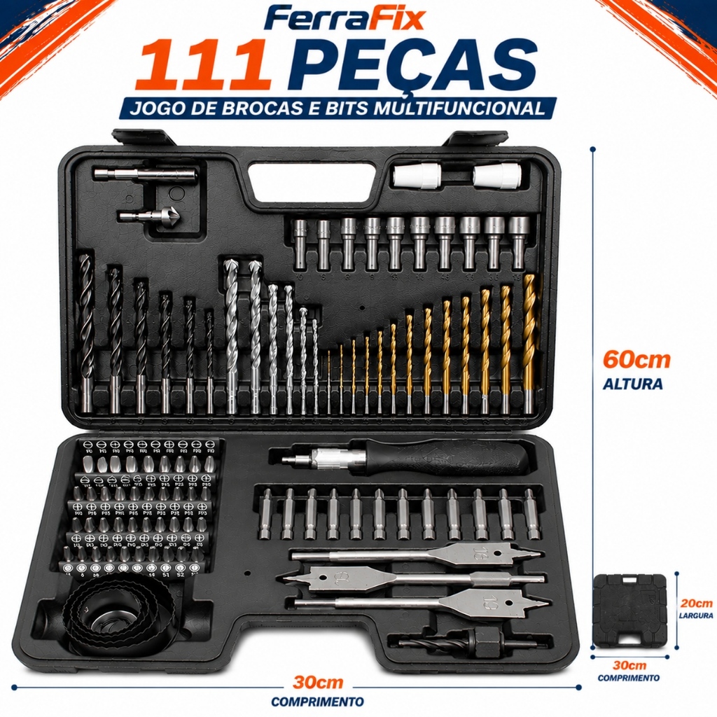 FerraFix Kit Ferramentas 111 Peças com Brocas Bits Soquetes e Serras Copo para Madeira Metal e Alvenaria