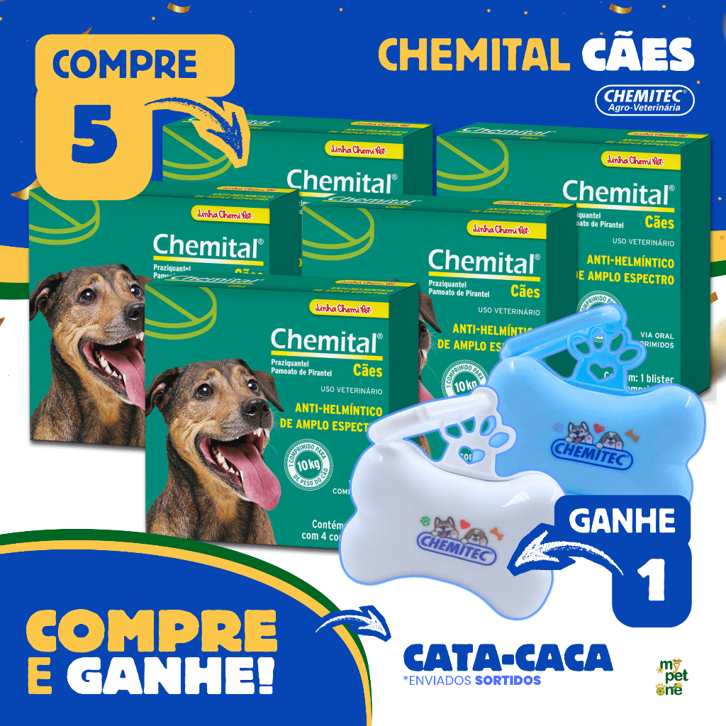 Kit 5 Vermífugo Chemitec Chemital para Cães + Brinde Cata Caca Ossinho