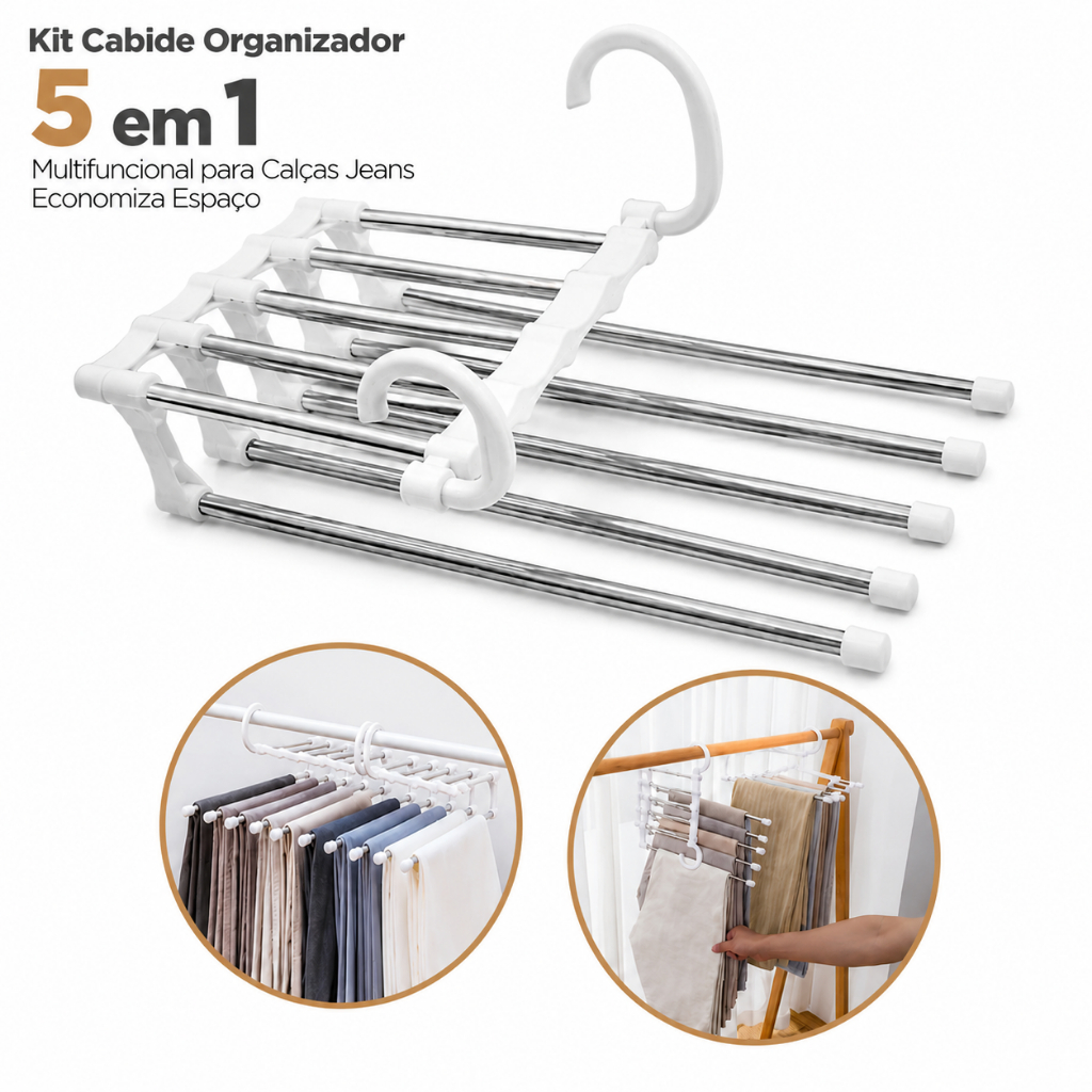 Kit Cabide 5 em 1 Organizador Retrátil Multifuncional de Aço para Calças Jeans Economiza Espaço Guarda-Roupas