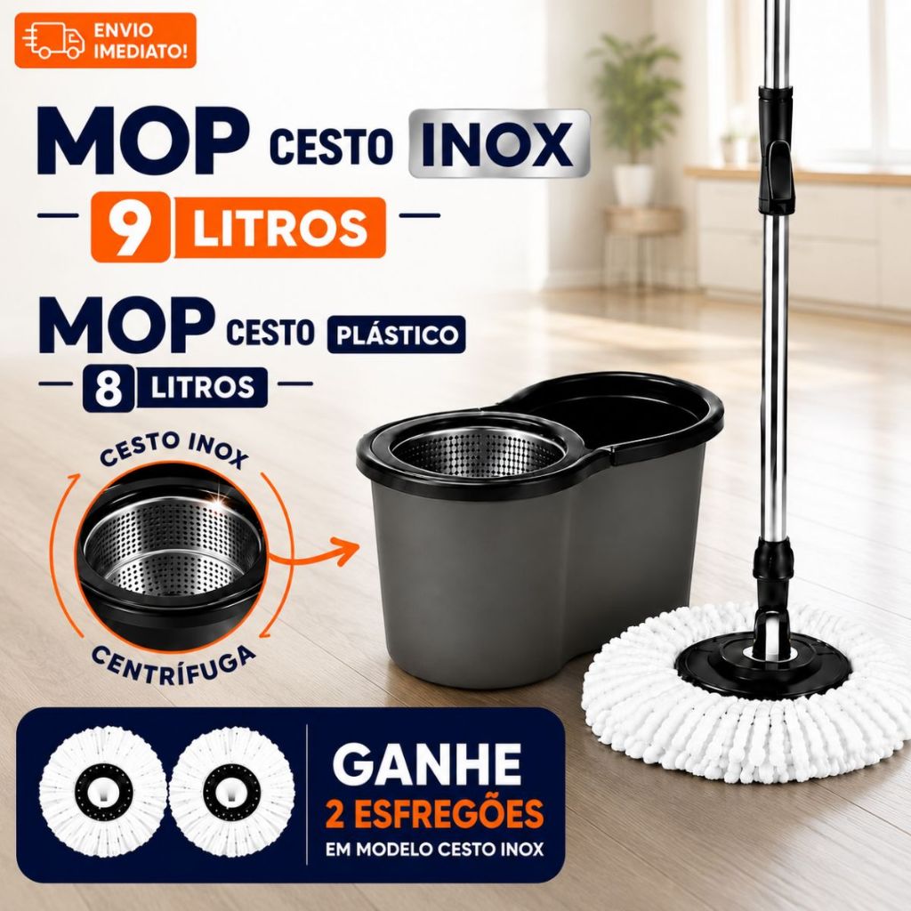 Mop Giratório 360° Esfregão Multiuso 9 litros Com Centrífuga Balde Alça Cabo Reforçado Microfibra Cesto Inox Ou Plástico