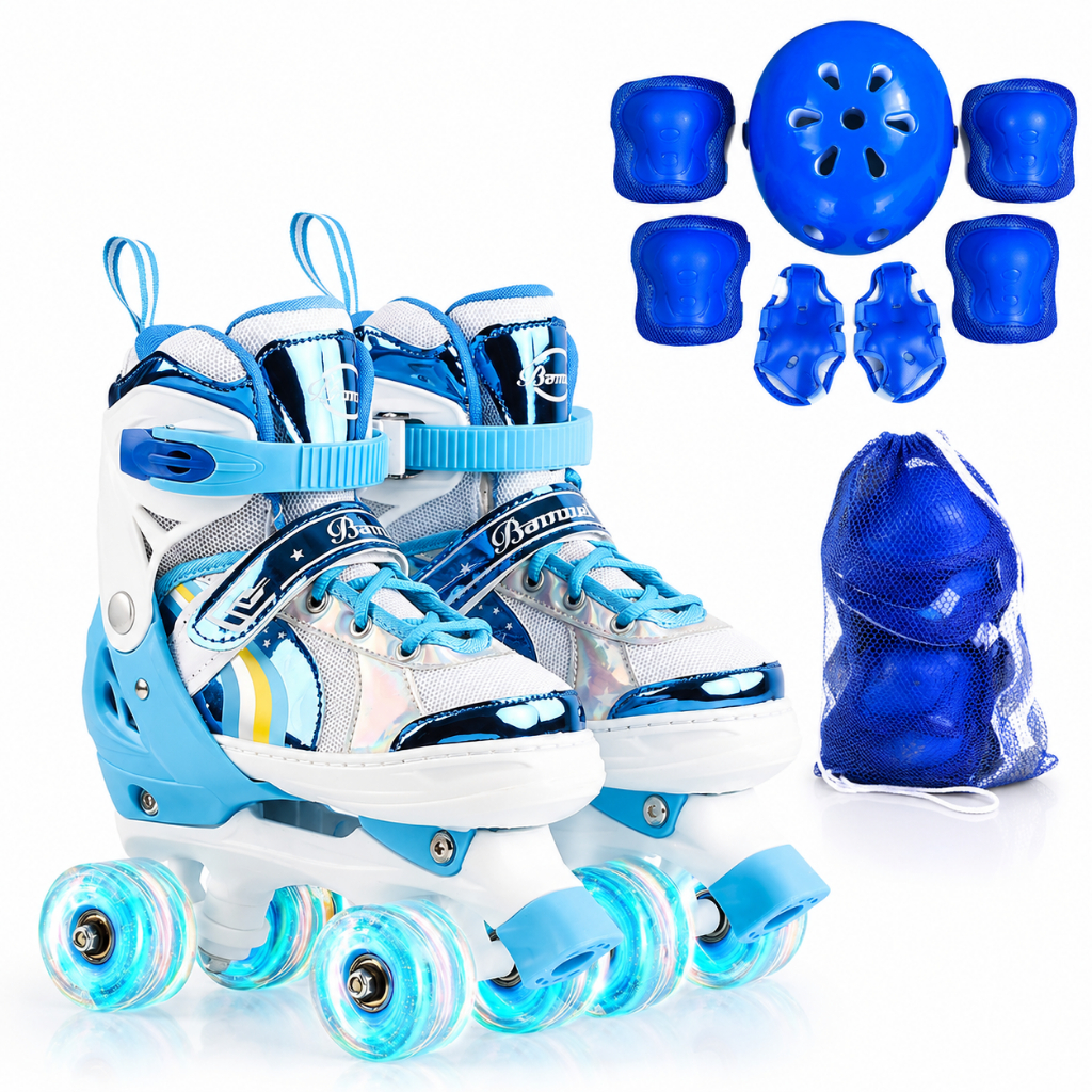Patins Infantil Sports Arco Íris Azul 4 Rodas Ajustável com luz de LED Com ou Sem Kit de Segurança