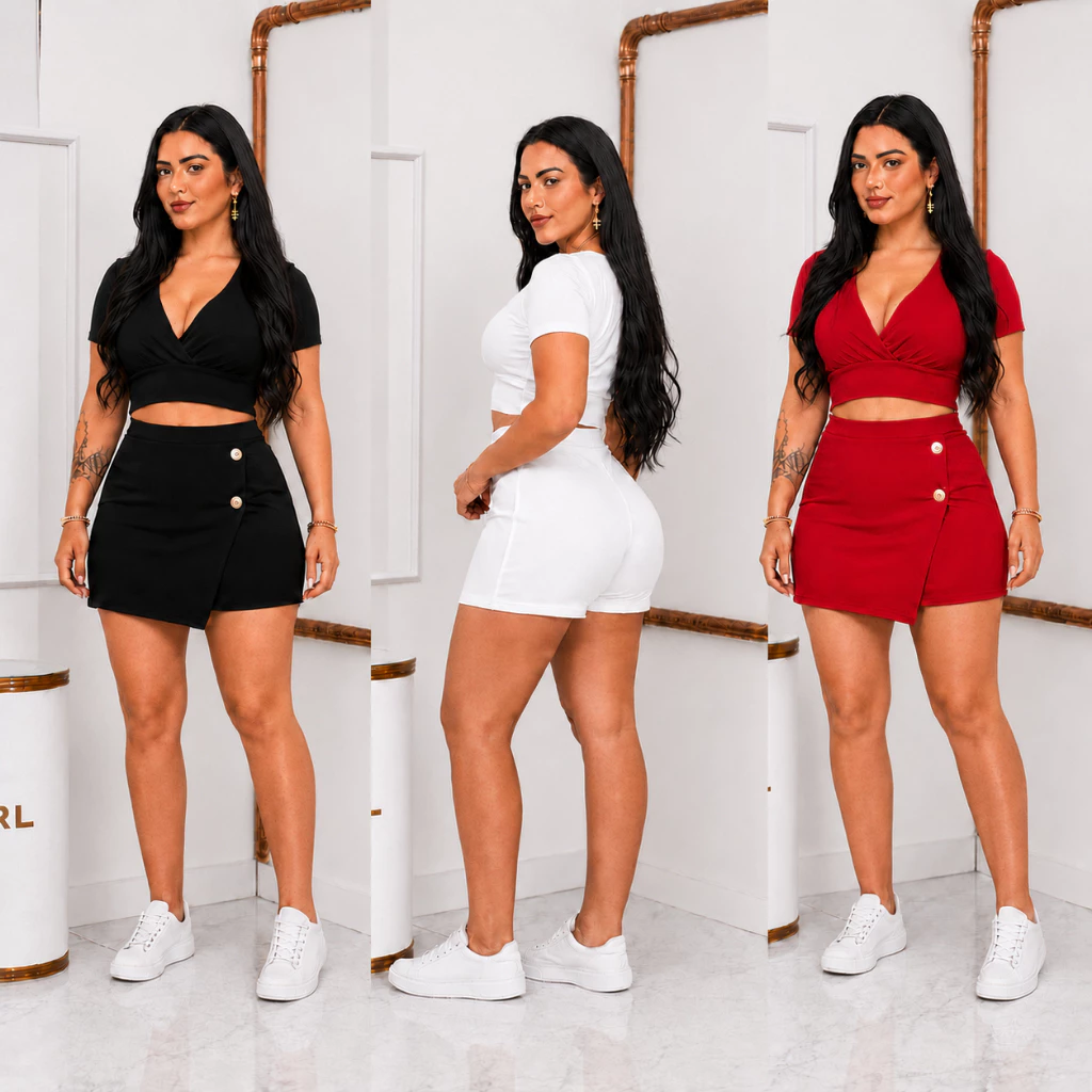 Conjunto Plus Size Feminino  - Short saia e Cropped Moda Verão P M G GG