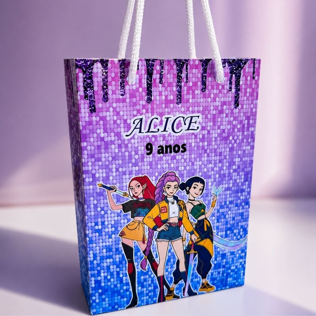 Sacolinha Personalizada Guerreiras do K-Pop Aniversário Infantil Mimos e Lembrancinhas para Festa KIT PEGUE E MONTE