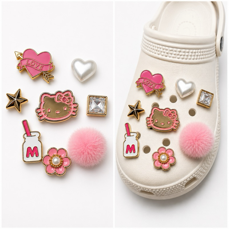Pin para Babuche | Pingentes para Babuches | Helow Kittwi | Flor | Coração | Kit 8 Peças | Boton para Crocks