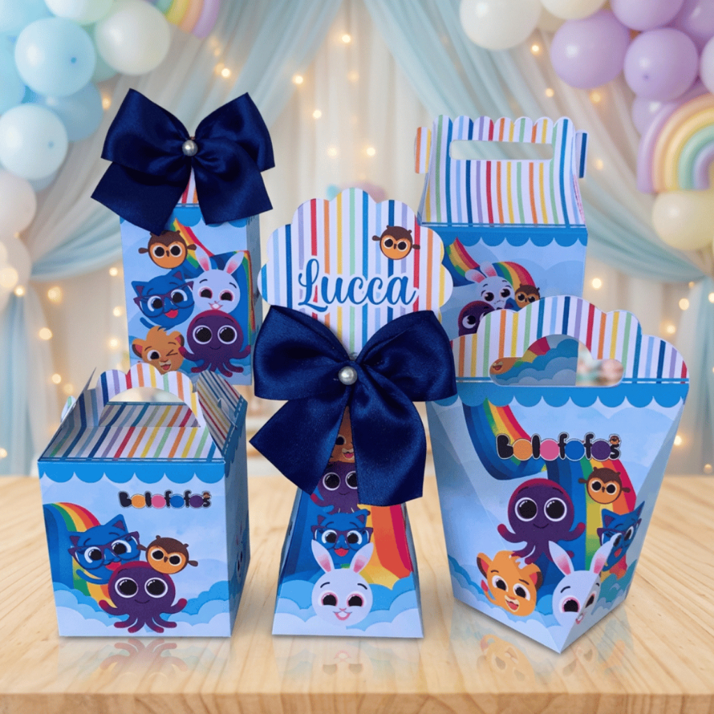 Kit Lembrancinhas BOLOFOFOS AZUL Caixinha Festa Personalizadas Menino PEGUE E MONTE
