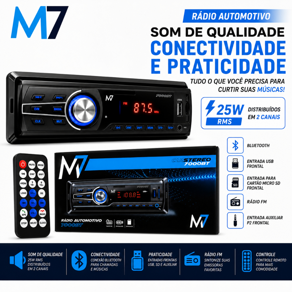 Rádio Automotivo M7 7000BT Bluetooth USB MP3 Entrada SD Auxiliar P2 1 DIN