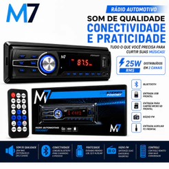 Rádio Automotivo M7 7000BT Bluetooth USB MP3 Entrada SD Auxiliar P2 1 DIN