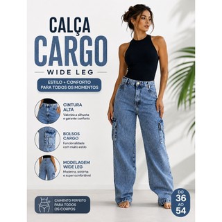 Calça Cargo Wide Leg Feminina Jeans Cintura Alta Sem Elastano Premium