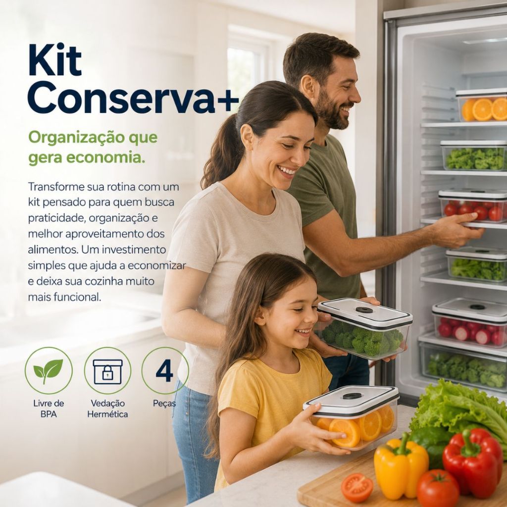 Kit 4 Potes Herméticos com Tampa Vedação BPA Free Organizador de Geladeira para Marmitas e Alimentos | Kit Conserva+