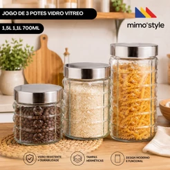 Jogo c/3 pcs Pote 1,5 Litros 1,1 Litros 700ml Vidro Vítreo Mimo Style