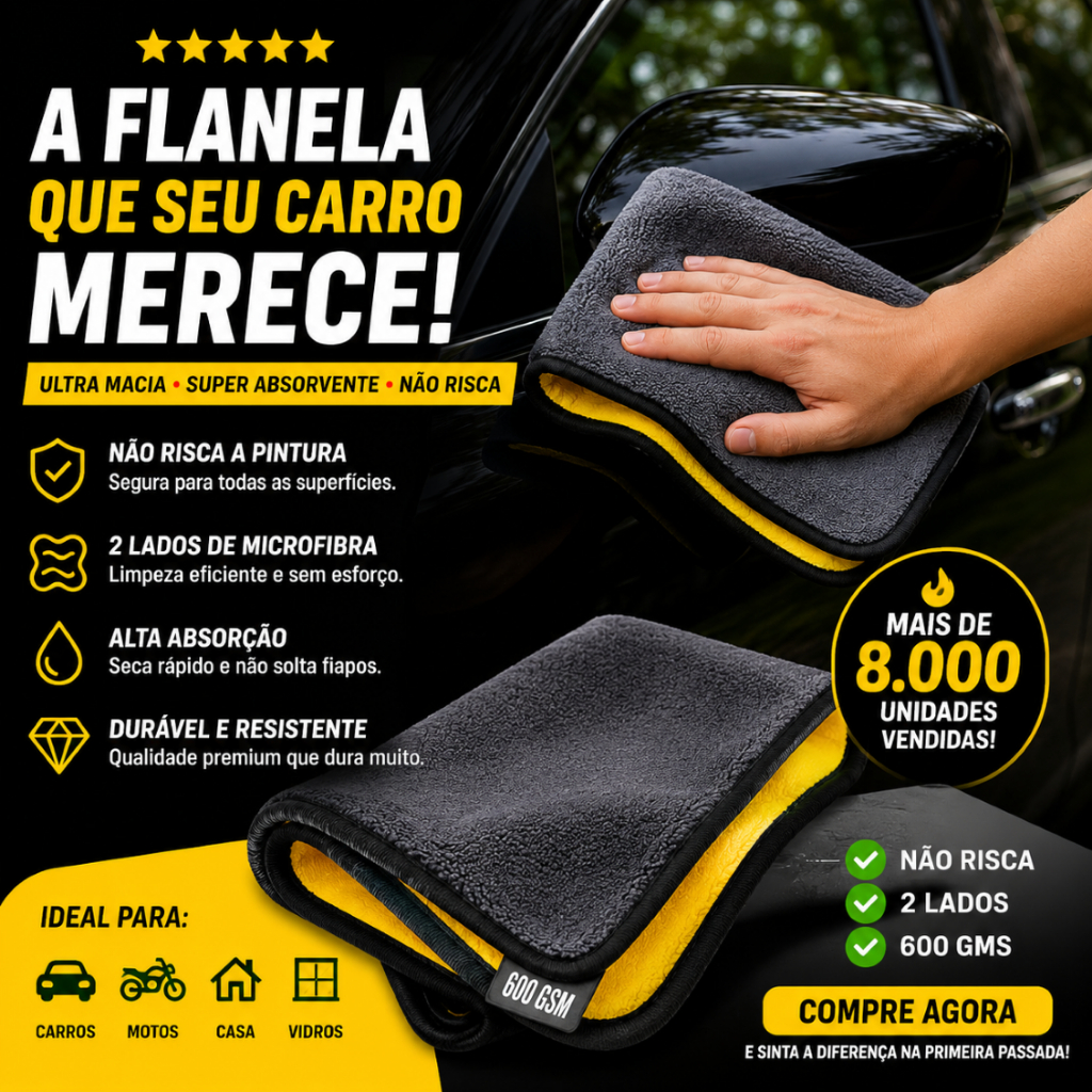 Flanela Pano de Microfibra Automotiva Premium 30x40 600GSM Dupla Face Não Risca Alta Absorção