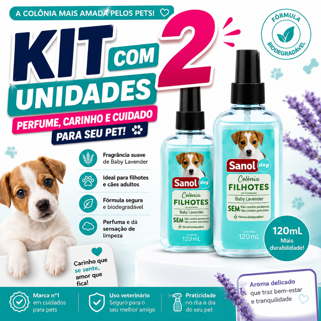 Kit C/2 Colônia Perfume Sanol filhotes Baby lavander para Cachorro Cães Pet Shop Dog 120 ml cada