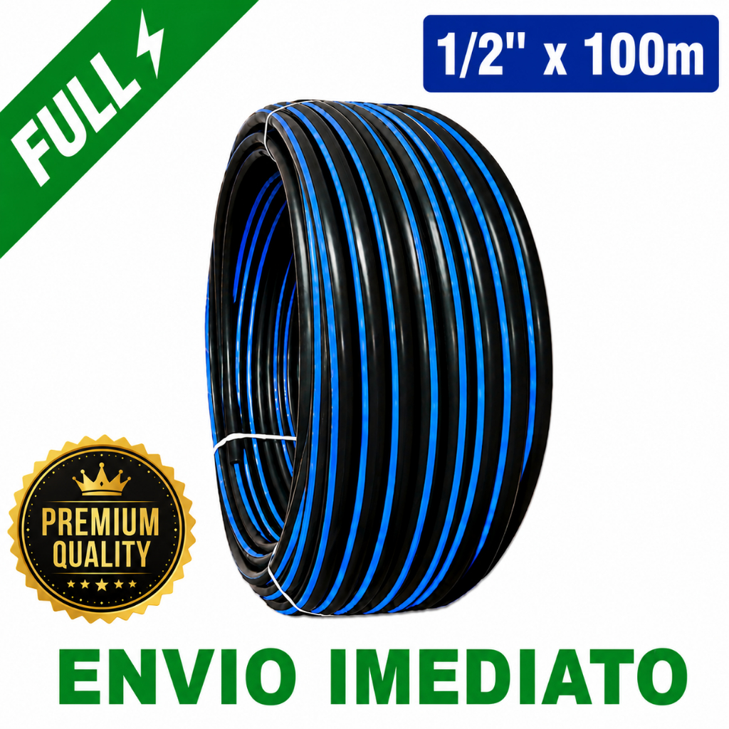 Mangueira Irrigação Gotejamento 1/2" Plástica Rolo 100 Metros SEM FUROS RESISTENTE Selo Verde/Azul