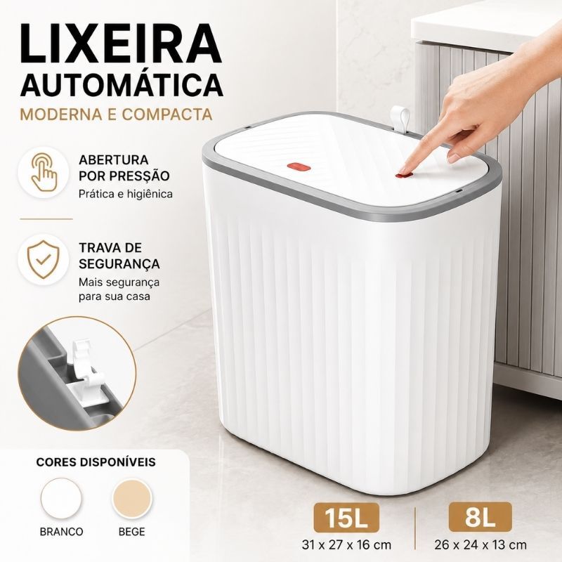 Lixeira Retrátil 15L 8L Tampa Click Antiodor Compacta para Banheiro Cozinha Quarto Branca Bege
