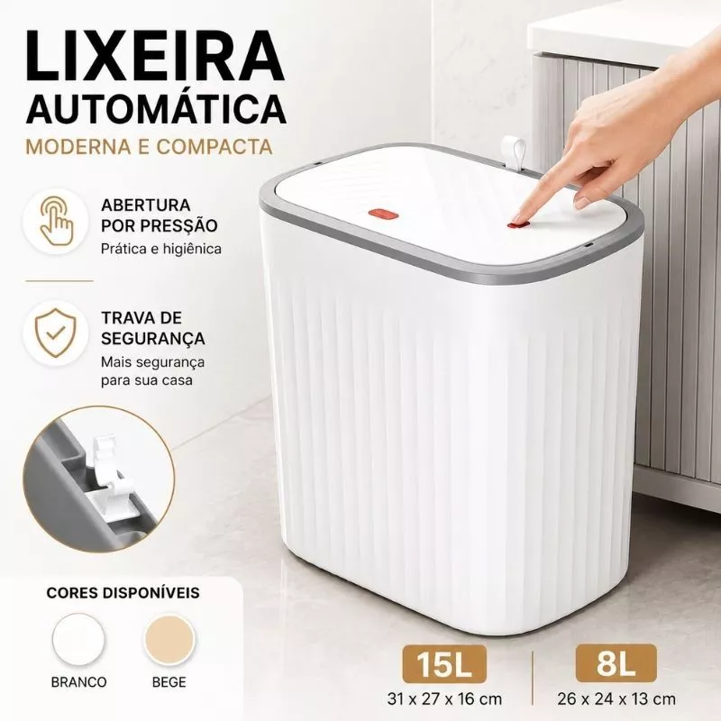 Lixeira Retrátil 15L 8L Tampa Click Antiodor Compacta para Banheiro Cozinha Quarto Branca Bege — imagem 1