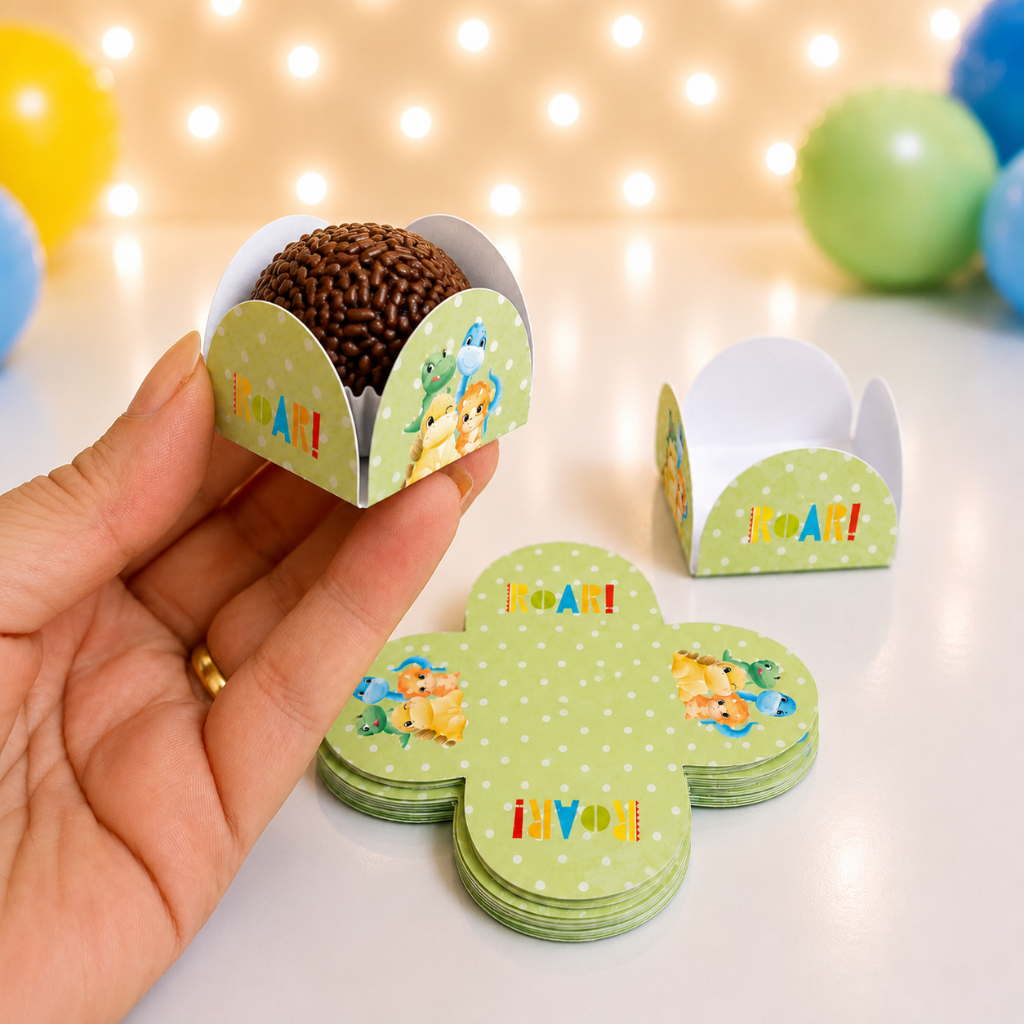Forminhas para Docinhos Dinossauro Baby Personalizadas 4 Pétalas Brigadeiro Festa Aniversário Doces