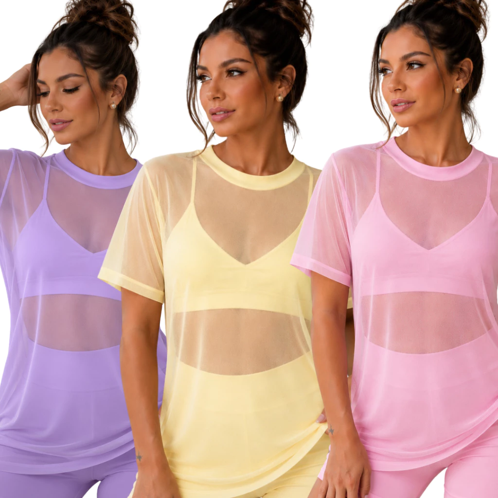 BLUSA DE TULE Feminina Moda Academia Transparente Fitness Tule Luxo Casual BLUSAO CROSSFIT CORRIDA — imagem 1