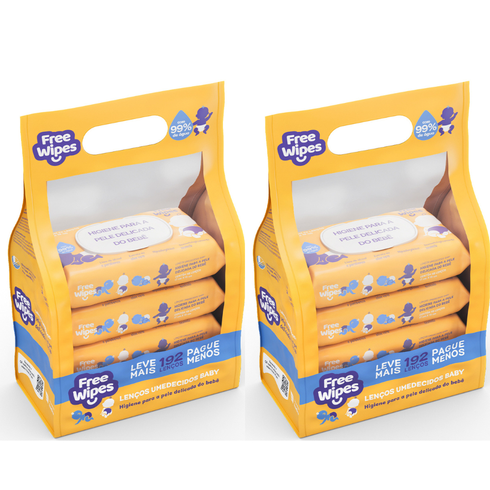 Kit com 2 Promo Pack Lenços Umedecidos Baby Free Wipes - Cuidado Puro (384 lenço