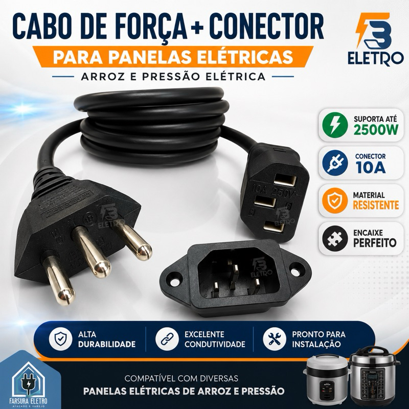 Conector 3 Pinos C14 + Cabo de Força 1,5mt Reforçado Panela Elétrica de Arroz, Pressão e Air Fryers