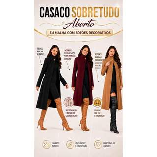 Casaco Sobretudo Moda Evangélica Plus Size Gola alta Estilo Capa Poncho Longo Roupas Social Casaco Casual Midi Executiva