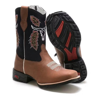 Bota Infantil Masculina Texana Country Bordada Couro Bico Quadrada