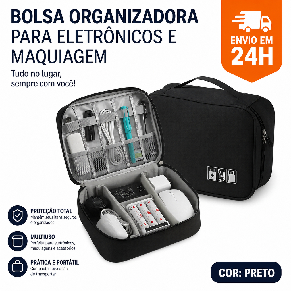Bolsa Organizadora Multifuncional Portátil para Cabos Eletrônicos e Cosméticos Ideal para Viagem