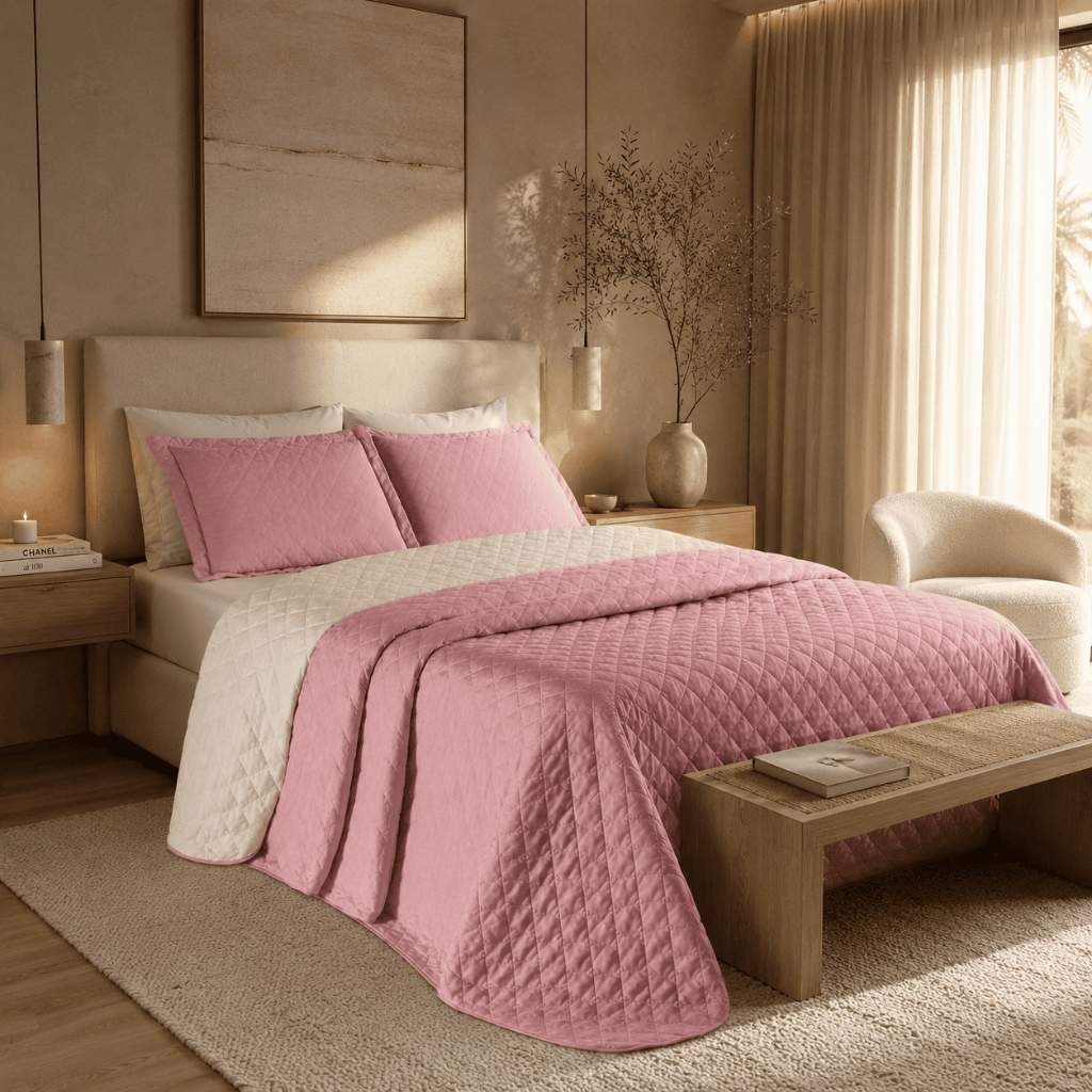 Kit Cobre Leito Realeza Cama King Colcha Dupla Face 03 Peças Rose com Avelã