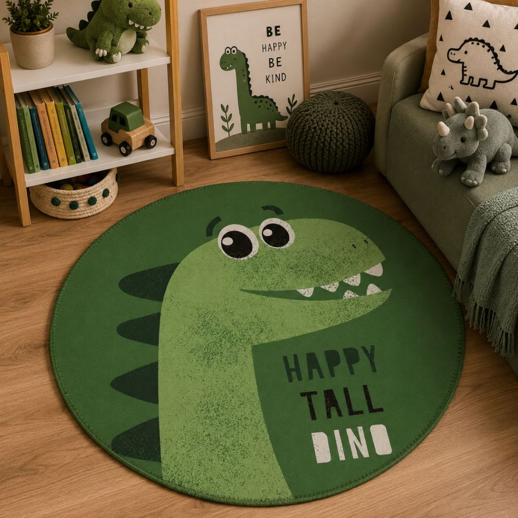 Tapete Redondo Decorativo Dinossauro 88x88 Antiderrapante Para Sala, Quarto e Escritório 2263