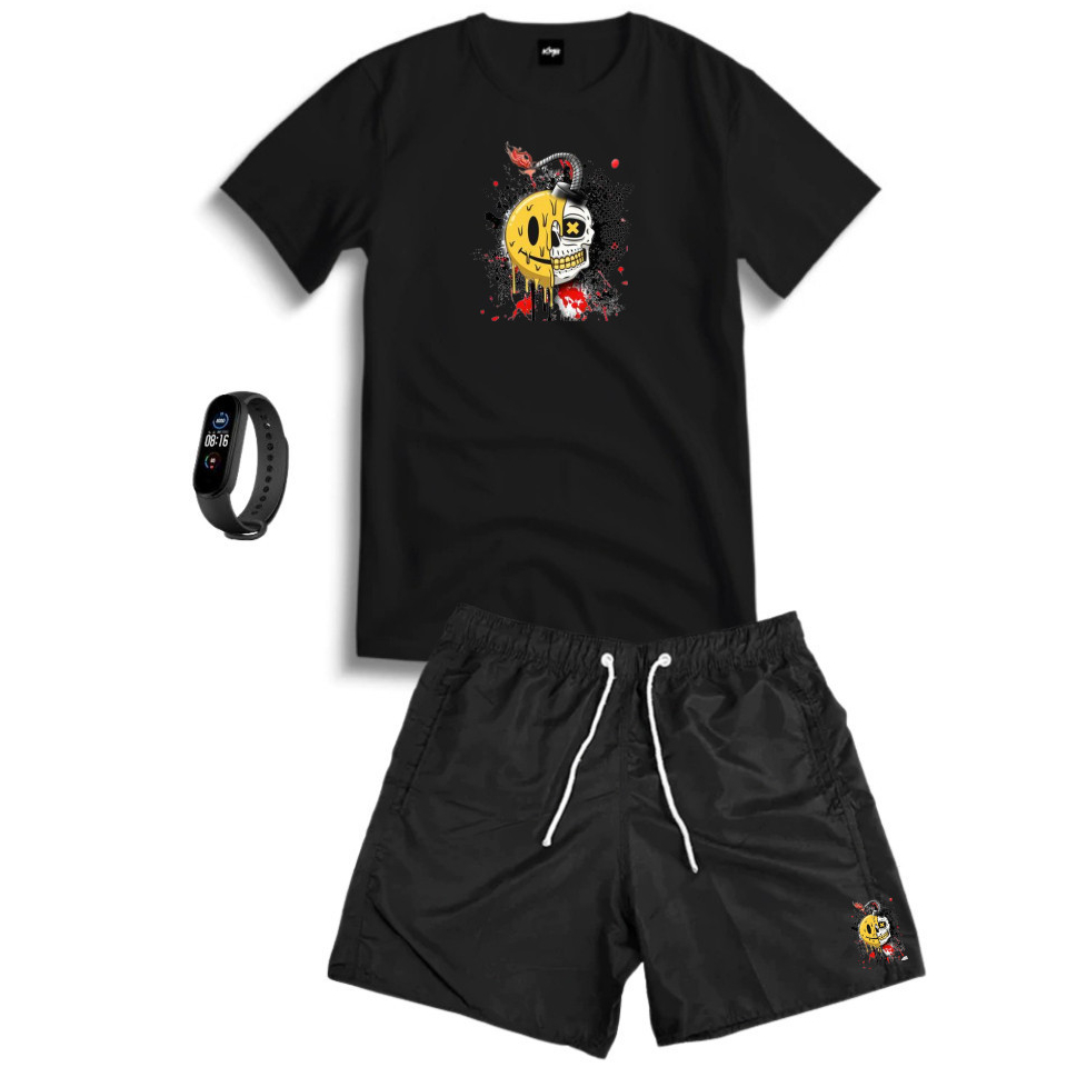Conjunto Kit Masculino SMILEBOMB Camisa 100% Algodão + Bermuda Tactel Estampada + Relogio Digital