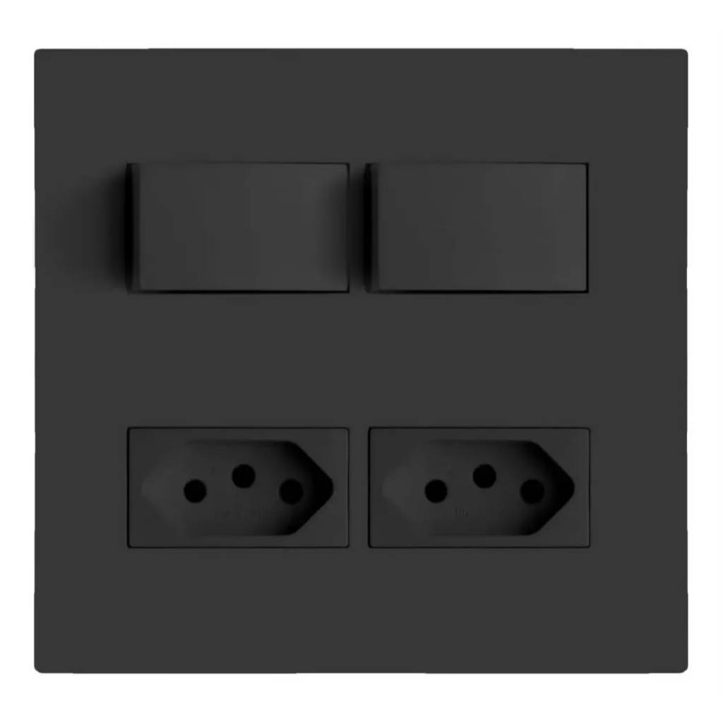 Conjunto interruptor duplo simples com tomada dupla 20a 4x4 Recta Preto fosco
