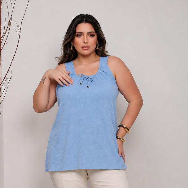 Blusa Regata Feminina Plus G1.G2.G3  Elástico na Gola Tecido DUNA