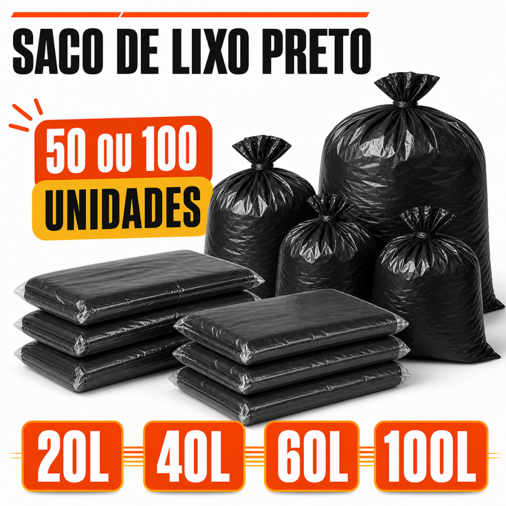 Saco de Lixo Preto Resistente 20L 40L 60L 100 litros Pacote com 50 ou 100 Unidades