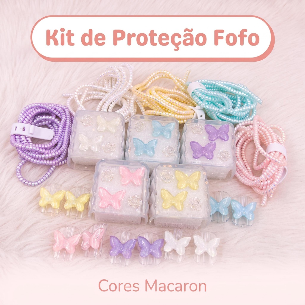 Kit Protetor de Carregador e Cabo Design Borboleta Brilhante Anti Quebra