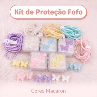 Kit Protetor de Carregador e Cabo Design Borboleta Brilhante Anti Quebra