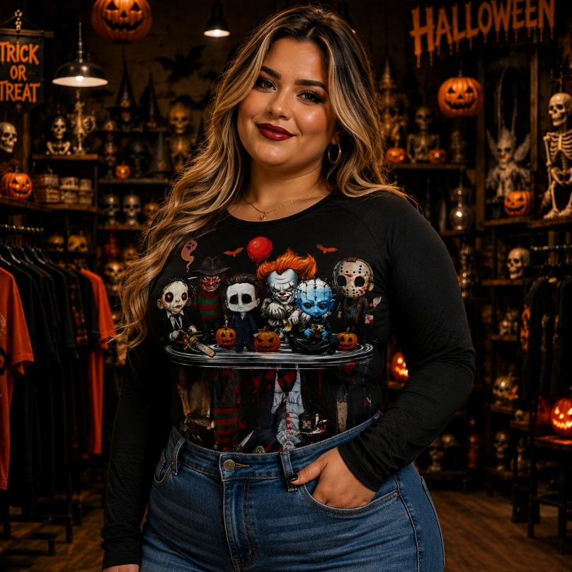 Camiseta Halloween Filmes de Terror Personagem Gótico Masculina e Feminina Streetwear Manga Longa