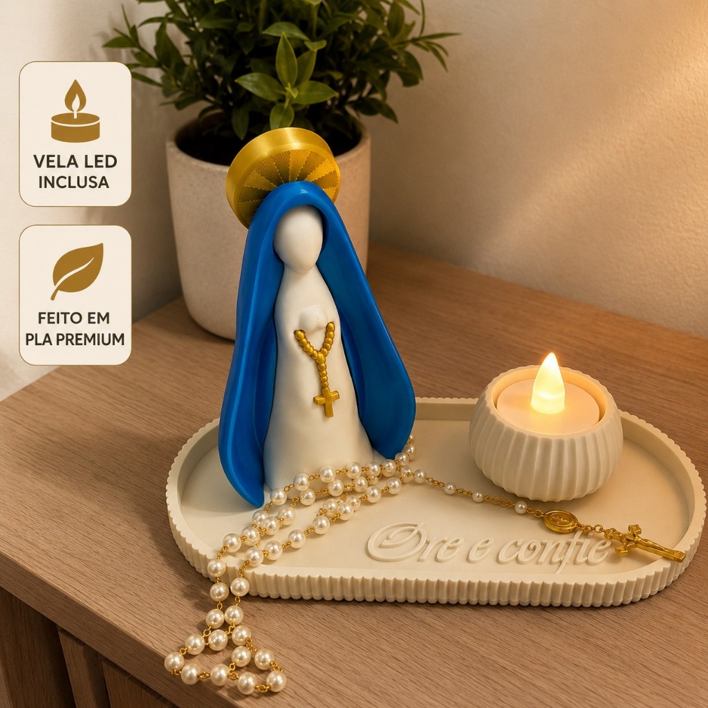 Porta Terço Decorativo Nossa Senhora com bandeja e vela LED | Presente Religioso Católico | Ore e confie