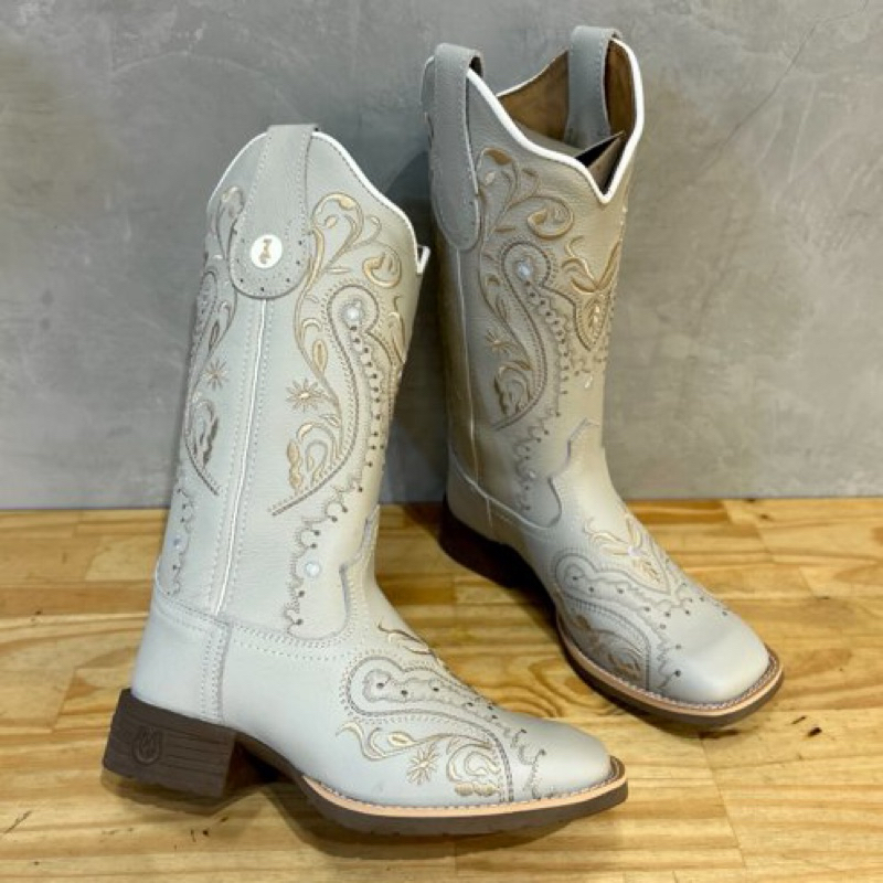 BOTA TEXANA COURO LEGÍTIMO OFF WHITE BORDADO FLORENCIA SOLADO MARROM